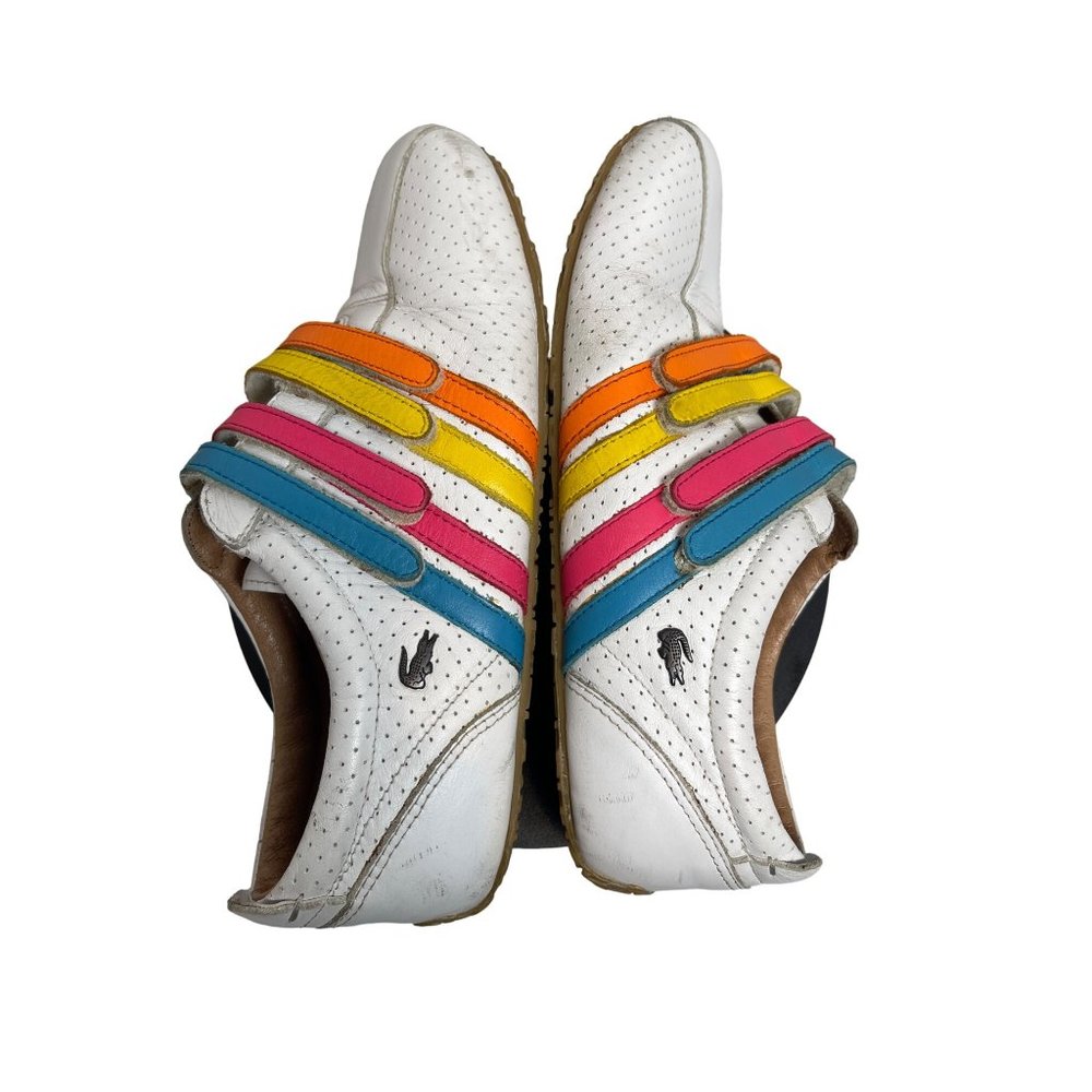 Lacoste Mystere Punched Sneakers Rainbow Straps White Leather Womens Sz. 6 - Picture 4 of 8